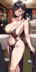 1girl absurdres areola_slip bare_shoulders black_dress blue_eyes blurry blurry_background blush body_jewelry breasts center_opening cleavage commentary_request covered_erect_nipples cowl_neck curtains dress earrings evening_gown female_pubic_hair formal_clothes highres hoop_earrings indoors jack_dempa jewelry large_breasts large_variant_set long_hair looking_at_viewer miyamae_shiho_(jack_dempa) mole mole_on_arm mole_on_breast mole_under_eye multiple_boys multiple_moles nipples o-ring open_mouth original parted_bangs plunging_neckline pubic_hair pubic_hair_peek revealing_clothes see-through_clothes see-through_dress sleeveless sleeveless_dress smile solo_focus standing suit table thighs variant_set