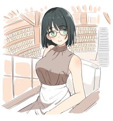 1girl alternate_costume bare_shoulders bien_(djpwjd1) black_hair blunt_bangs blunt_ends blush bob_cut breasts brown-framed_eyewear brown_shirt closed_mouth commentary couch cowboy_shot glasses green_eyes highres indoors ishikawa_prefectural_library large_breasts library link!_like!_love_live! love_live! momose_ginko on_couch real_world_location shirt short_hair sitting skirt sleeveless sleeveless_shirt smile solo split_mouth symbol-only_commentary turtleneck turtleneck_shirt virtual_youtuber white_skirt