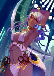 Rule 34 | 1girl, arm up, armpits, bare shoulders, bikini, blush, bracelet, breasts, cleavage, dark skin, flower, headband, jewelry, large breasts, long hair, looking at viewer, navel, nemeko, original, red eyes, silver hair, smile, swimsuit