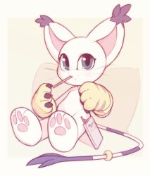 1girl animal_ears animal_feet animal_nose blue_eyes body_fur border cat_ears cat_girl cat_tail claws closed_mouth digimon digimon_(creature) eating feet female_focus flat_chest food food_on_face furry furry_female gloves green_background hands_up kekitopu looking_at_viewer mouth_hold outside_border paw_gloves pawpads pillow pocky soles solo striped_tail tail tail_ornament tail_ring tailmon whiskers white_border white_fur yellow_gloves