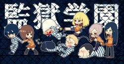4girls 5boys andou_reiji bike_shorts_under_skirt black_eyes black_pantyhose black_socks black_thighhighs blank_eyes blonde_hair blue_eyes blue_hair blunt_bangs breasts brown_eyes brown_jacket brown_shoes brown_skirt chibi chibi_only crossed_arms drooling glasses green_eyes holding holding_hands holding_riding_crop jacket kicking kurihara_chiyo_(prison_school) kurihara_mari_(prison_school) large_breasts long_earlobes looking_back midorikawa_hana morokuzu_takehito multiple_boys multiple_girls nezu_jouji open_mouth pantyhose prison_clothes prison_school riding_crop sakaduki_chako shoes skirt socks stepped_on thighhighs translation_request tripping wakamoto_shingo