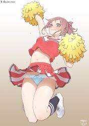 1girl @_@ absurdres artist_name blue_eyes blush bow bow_panties breasts cheering cheerleader commentary_request crop_top crop_top_overhang embarrassed frilled_panties frills gradient_background hair_ribbon highres holding holding_pom_poms looking_at_viewer medium_hair midriff mukai_rinjin open_mouth original panties pantyshot pink_hair pleated_skirt pom_pom_(cheerleading) pom_poms ponytail red_ribbon red_shirt red_skirt ribbon shirt skirt sleeveless sleeveless_shirt small_breasts solo sweat thighs twitter_username underwear upskirt wavy_mouth white_panties
