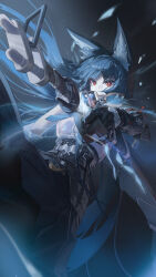 1girl absurdres animal_ear_fluff animal_ears aqua_jacket black_gloves black_hair black_necktie black_skirt fingerless_gloves fox_ears fox_girl gauntlets gloves green_jacket guan_byeol high-waist_skirt highres holding holding_weapon hoshimi_miyabi jacket long_hair long_sleeves looking_at_viewer necktie red_eyes ring_hair_ornament shirt single_gauntlet single_glove skirt solo weapon white_shirt zenless_zone_zero