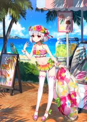 1girl animal anklet arm_at_side bare_arms bare_shoulders beach bikini bikini_skirt bird blue_flower blue_sky bob_cut bracelet closed_mouth cloud day detached_leggings earrings fate/grand_order fate_(series) fingernails flower flower_earrings flower_request flower_wreath frilled_bikini frills full_body game_cg green_bird hair_ribbon halterneck hand_up head_wreath hibiscus holding holding_swim_ring horizon innertube jewelry kama_(fate) kama_(swimsuit_avenger)_(fate) kama_(swimsuit_avenger)_(first_ascension)_(fate) leaning_forward looking_at_viewer miniskirt navel ocean official_art palm_tree parakeet pink_flower pink_nails pink_ribbon red_eyes redrop ribbon short_hair skirt sky smile solo stomach swim_ring swimsuit third-party_source toenails toes tree vending_cart white_hair yellow_flower