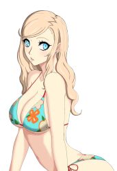 1girl absurdres aqua_bikini bikini blonde_hair blue_eyes breasts cleavage earrings floral_print floral_print_bikini highres jewelry large_breasts long_hair looking_at_viewer nahone_peko parted_lips persona persona_5 simple_background solo stud_earrings swimsuit takamaki_anne wavy_hair white_background