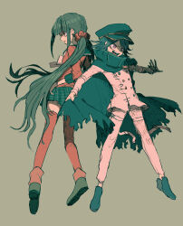 1boy 1girl absurdres arm_belt back-to-back belt black_cape black_footwear black_hair black_hat black_sailor_collar black_skirt blunt_bangs bow bowtie buttons cape cape_hold collared_cape collared_shirt commentary_request crazy_eyes danganronpa_(series) danganronpa_v3:_killing_harmony double-breasted fingernails full_body furrowed_brow green_background hair_ornament hair_scrunchie harukawa_maki hat high_collar highres jacket long_hair long_sleeves looking_ahead low_twintails miniskirt multiple_belts oma_kokichi open_mouth outstretched_arm pants parted_lips peaked_cap plaid_clothes plaid_skirt pleated_skirt purple_eyes red_eyes red_scrunchie red_shirt red_sleeves red_thighhighs sailor_collar sarami_(sa_rami30) school_uniform scrunchie serafuku shaded_face shirt shoes short_hair simple_background skirt three-quarter_sleeves smile teeth thigh_belt thigh_strap thighhighs torn_cape torn_clothes twintails upper_teeth_only very_long_hair white_belt white_bow white_bowtie white_jacket white_pants white_sleeves