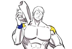 Rule 34 | 1boy, abs, absurdres, armband, blue armband, broad shoulders, cowboy hat, hat, highres, holding, holding unworn clothes, holding unworn hat, kinnikuman, light smile, looking at viewer, muscular, muscular male, pectorals, short hair, simple background, star tattoo, sushio, tattoo, terryman, unworn hat, unworn headwear, upper body, white background