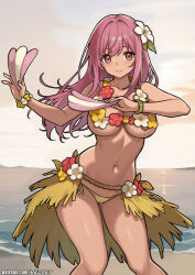 1girl artist_name backlighting beach bikini bikini_bottom_only bracelet breasts cleavage closed_mouth dancing day feet_out_of_frame flower flower_bracelet flower_necklace game_freak gen_7_pokemon gluteal_fold grass_skirt hair_flower hair_ornament hibiscus holding hula jewelry large_breasts lei long_hair looking_at_viewer navel necklace nintendo no_bra ocean oricorio oricorio_(pa&#039;u) outdoors personification pink_eyes pink_hair pokemon red_flower redjet showgirl_skirt side-tie_bikini_bottom smile solo standing swimsuit topless_female water watermark web_address white_flower wristband yellow_bikini yellow_flower