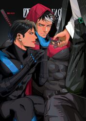 3boys bara batman_(series) belt black_belt black_bodysuit black_hair black_pants black_shirt blue_bodysuit blue_eyes bodysuit cigarette dc_comics dick_grayson doufujintianxianle highres holding holding_cigarette holding_lighter hood jason_todd large_pectorals lighter looking_at_another male_focus multicolored_hair multiple_boys muscular muscular_male nightwing pants pectorals red_hood_(dc) shirt short_hair tongue tongue_out two-tone_bodysuit two-tone_hair white_hair yaoi