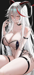 1girl absurdres aegir_(azur_lane) arm_strap azur_lane bare_legs bare_shoulders between_legs black_leotard blush breasts cleavage cross-laced_clothes cross-laced_leotard dragon_girl dragon_horns grin hand_between_legs hand_up highleg highleg_leotard highres hip_focus horns large_breasts leotard long_hair looking_at_viewer multicolored_hair orange_eyes red_hair sanvicept see-through_clothes see-through_leotard see-through_midriff side-tie_leotard sitting smile solo strapless strapless_leotard streaked_hair thigh_strap thighs two-tone_hair very_long_hair white_hair yellow_eyes