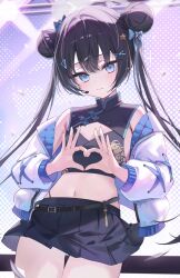 1girl 4-finger_heart_hands armpit_crease asashin_(asn) bare_shoulders belt_around_waist blue_archive blue_eyes bow breasts butterfly_hair_ornament cleavage_cutout clothing_cutout double_bun dragon_print grey_hair hair_bow hair_bun hair_ornament hairpin headset heart heart_hands highres jacket kisaki_(blue_archive) long_hair looking_at_viewer navel off_shoulder skirt small_breasts solo stage stage_lights star_(symbol) star_hair_ornament thigh_gap thighs triangle_hair_ornament twintails white_jacket x_hair_ornament