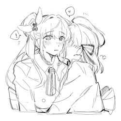 Rule 34 | !, 2girls, beret, blush, buttons, cerise bouquet, collared shirt, commentary, cropped torso, double-breasted, fortune movie (love live!), greyscale, hair bun, hair intakes, hair ribbon, hat, heart, hinoshita kaho, jacket, link! like! love live!, long hair, long sleeves, love live!, medium hair, monochrome, multiple girls, necktie, official alternate costume, otomune kozue, ribbon, shirt, side ponytail, sidelocks, single side bun, spoken exclamation mark, spoken heart, square-end necktie, symbol-only commentary, upper body, whispering, whispering in ear, woodonly, yuri