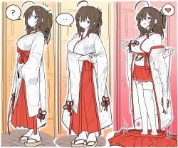 artist_request blue_eyes breasts brown_hair commission hakama hakama_skirt highres japanese_clothes looking_at_viewer miko navel nontraditional_miko original skirt takamiya_keika