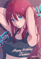1girl absurdres arms_up bang_dream! blue_eyes breasts brick brick_wall hairband highres large_breasts long_hair red_hair smile solo tamag0zzz tying_hair udagawa_tomoe