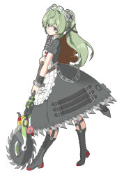 1girl absurdres animal_bag apron bear_bag black_boots black_dress boots circular_saw closed_mouth corin_wickes cuffs dress full_body green_hair highres holding holding_weapon knee_boots long_hair maid maid_apron maid_headdress neochinco purple_eyes saw screw screw_hair_ornament solo twintails weapon white_apron zenless_zone_zero