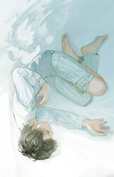 Rule 34 | 1boy, absurdres, alternate universe, ankle cuffs, barefoot, black hair, chinese commentary, closed eyes, closed mouth, commentary, dao gui yi xian, from above, full body, hand on own chest, highres, li huowang, li huowang (modern world), long sleeves, lying, male focus, official alternate costume, official alternate hair length, official alternate hairstyle, on side, pajamas, pants, pants rolled up, shirt, short hair, shorts, sleeping, solo, striped clothes, striped pants, striped shirt, tuanquezi, vertical-striped clothes, vertical-striped pants, vertical-striped shirt, white background, white pants, white shirt, white theme