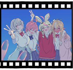 5girls ^_^ ahoge alternate_costume animal_ear_fluff animal_ears ao_(aoi_over) bent_v black_hair blonde_hair blue_bow blue_bowtie blue_nails blue_skirt blue_sky blush bow bowtie braid cardigan cardigan_vest closed_eyes clothes_around_waist collared_shirt commentary_request cowboy_shot dark-skinned_female dark_skin elf facing_viewer female_pov film_reel fox_ears fox_girl french_braid grey_hair grin group_picture hair_between_eyes hair_bow hair_ornament hair_over_shoulder hololive hoshimachi_suisei jacket long_hair long_sleeves medium_hair multicolored_hair multiple_girls omaru_polka open_clothes open_jacket open_mouth pink_hair pink_jacket pleated_skirt pointy_ears pov red_bow red_bowtie red_cardigan sakura_miko school_uniform shiranui_flare shiranui_kensetsu shirogane_noel shirt short_sleeves side_braid sidelocks single_braid skirt sky smile streaked_hair sweater sweater_around_waist teeth v virtual_youtuber white_shirt x_hair_ornament