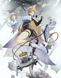 1girl absurdres arknights arm_warmers black_dress blonde_hair boots coat coat_partially_removed commentary_request dorothy_(arknights) dress ear_tag full_body gloves hand_up highres hourglass lab_coat long_hair long_sleeves mouse_girl mouse_tail ngxf8784 parted_lips short_dress single_arm_warmer single_glove sleeveless sleeveless_dress solo tail thigh_strap two-sided_coat two-sided_fabric two-tone_dress white_boots white_coat white_dress white_headwear yellow_coat yellow_eyes yellow_gloves
