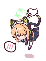 1girl 1other animal_ear_headphones animal_ears aqua_bow black_dress black_shoes black_tail blonde_hair blue_archive blue_bow blue_bowtie blunt_bangs blush bow bowtie cat_ear_headphones cat_ears cat_tail commentary_request disembodied_hand dot_nose dress eyes_visible_through_hair fake_animal_ears fake_tail frilled_dress frills full-face_blush full_body green_eyes green_halo hair_bow halo headphones lifting_person long_sleeves looking_at_viewer maid maid_headdress midori_(blue_archive) midori_(maid)_(blue_archive) official_alternate_costume official_alternate_hairstyle open_mouth pantyhose parted_bangs pinching shoes short_twintails sidelocks simple_background solo_focus spoken_blush tail tail_raised twintails wavy_mouth white_background white_headdress white_pantyhose yoru_nai