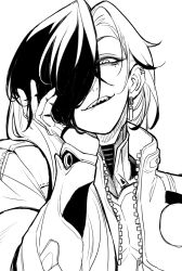 1boy absurdres arm_up boothill_(honkai:_star_rail) commentary cyborg ear_piercing earrings greyscale hand_on_own_face head_rest highres honkai:_star_rail honkai_(series) jacket jewelry looking_at_viewer male_focus mole mole_under_eye monochrome mrsw0911 multicolored_hair multiple_earrings multiple_moles parted_bangs piercing portrait sharp_teeth shell_casing simple_background solo teeth two-tone_hair unzipped upper_teeth_only white_background zipper zipper_pull_tab