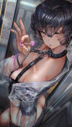 1girl absurdres areola_slip bare_shoulders belt black_collar black_hair bracelet breasts brown_eyes butt_crack candy cleavage collar collarbone commentary_request cowboy_shot earrings food hair_between_eyes halterneck highres holding holding_candy holding_food holding_lollipop indoors jewelry jitome large_breasts lollipop looking_at_viewer looking_up nail_polish no_bra original parted_lips purple_nails saliva saliva_trail see-through_clothes short_hair short_shorts shorts soleil_(soleilmtfbwy03) solo sparkle thighs tomboy train_interior