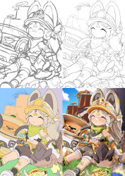 1girl ^_^ against_tree bandage_on_knee bandana bandana_around_neck blue_sky blush chinchilla_ears cliff closed_eyes clothes_around_waist cloud commentary_request crop_top day foot_out_of_frame fur-trimmed_mittens fur_trim genshin_impact grass green_bandana highres homura_0205 jacket jacket_around_waist kachina_(genshin_impact) light_brown_hair long_hair making-of midriff mittens on_grass orange_jacket orange_mittens orange_visor outdoors parted_lips short_shorts shorts sitting sky sleeping solo tepetlisaurus_(genshin_impact) tree very_long_hair white_mittens