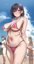 1girl 4girls absurdres beach bikini black_bikini black_hair blue_sky bodypaint breasts brown_hair cloud collarbone commentary_request completely_nude day exhibitionism female_pubic_hair highres jack_dempa light_brown_hair long_hair looking_at_viewer multiple_girls naked_paint navel nipples nude original outdoors painted_clothes pink_bikini pubic_hair public_indecency pussy short_hair sky solo_focus standing swimsuit watanabe_ayasa_(jack_dempa)