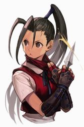 Rule 34 | 1girl, blue ribbon, bracer, brown eyes, brown hair, capcom, collared shirt, female focus, fingerless gloves, gloves, grey background, holding, holding weapon, hungry clicker, ibuki (street fighter), kunai, neck ribbon, parted lips, ponytail, red gloves, red vest, ribbon, shirt, short sleeves, simple background, solo, street fighter, street fighter iii, vest, weapon, white shirt