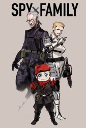 1girl 2boys aged_down assault_rifle beret blonde_hair bodysuit crossover family glasses gun hat highres ikuyoan m16 metal_gear_(series) metal_gear_solid_3:_snake_eater multiple_boys parody revolver_ocelot rifle spy_x_family the_boss the_sorrow weapon