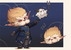 Rule 34 | !, !!, &gt; &lt;, 1boy, arcane: league of legends, arcane professor heimerdinger, chinese text, facial hair, flying sweatdrops, full body, head only, highres, horns, kio kiorst, league of legends, looking at viewer, male focus, mixed-language commentary, multiple views, mustache, one eye closed, pointy ears, star (symbol), sweat, translation request, wrench