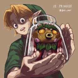 1boy 1girl blonde_hair bottle brown_gloves deku_princess deku_scrub gloves gus_uur hat link nintendo open_mouth sweatdrop teeth the_legend_of_zelda the_legend_of_zelda:_majora&#039;s_mask tunic upper_body upper_teeth_only wide-eyed