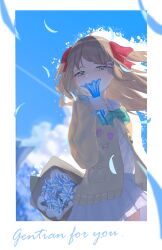 1girl absurdres ahoge aqua_eyes badge blue_flower blue_sky blurry blurry_background border bouquet bow bowtie brown_hair button_badge cardigan chinese_commentary cloud commentary commentary_request contrail cowboy_shot day drop_shadow english_commentary english_text falling_petals field floating_hair flower flower_field flower_to_mouth gentiana_(flower) green_bow green_bowtie grey_sailor_collar grey_skirt hair_bow hair_ornament hair_ribbon hairclip hand_up heart heart_hair_ornament highres holding holding_flower mixed-language_commentary neuro-sama petals pleated_skirt red_bow red_ribbon ribbon sailor_collar school_uniform serafuku shade skirt sky solo two_side_up vedal_ai virtual_youtuber white_border white_serafuku woow92929 yellow_cardigan
