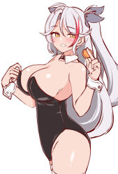 Rule 34 | 1girl, absurdres, azur lane, bare shoulders, black leotard, blush, breasts, brown eyes, collar, commentary request, cropped legs, detached collar, from side, grey hair, grey ribbon, hair between eyes, hair ribbon, hands up, highres, holding, large breasts, leotard, long hair, looking at viewer, looking to the side, moyoron, multicolored hair, parted bangs, prinz eugen (azur lane), red hair, ribbon, simple background, smile, solo, strapless, strapless leotard, streaked hair, thighhighs, two side up, very long hair, white background, white collar, white thighhighs, wing collar, wrist cuffs