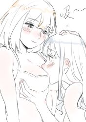 Rule 34 | 2girls, bang dream!, bang dream! it&#039;s mygo!!!!!, between breasts, blonde hair, blue hair, blush, bra, breasts, closed mouth, face between breasts, grabbing another&#039;s breast, greyscale, groping, hand on another&#039;s head, head between breasts, highres, medium breasts, medium hair, milfcookiesimp, misumi uika, monochrome, multiple girls, smile, togawa sakiko, underwear, yellow eyes, yuri