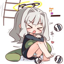 Rule 34 | &gt; &lt;, 1girl, :o, ?, barefoot, black shirt, blue archive, blunt bangs, blush, closed eyes, commentary request, full body, grey hair, halo, hana kazari, hare (blue archive), highres, knees up, ladder, long hair, long sleeves, open mouth, panties, shirt, simple background, sitting, solo, underwear, white background, white panties, yellow halo