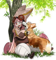 1girl bag baggy_pants boots dog fate/grand_order fate_(series) grass habetrot_(fate) hat highres hirai_yukio licking licking_another&#039;s_face long_hair one_eye_closed open_mouth pants pink_hair pink_hat pointy_ears sitting smile tree under_tree very_long_hair welsh_corgi