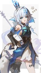 1girl black_thighhighs blue_dress blue_eyes blue_hair breasts cerydra_(honkai:_star_rail) commentary_request crown detached_sleeves dress grey_background hair_intakes highres holding holding_polearm holding_weapon honkai:_star_rail honkai_(series) korean_commentary long_hair looking_at_viewer mini_crown open_mouth polearm simple_background single_thighhigh small_breasts solo suamk2 thighhighs thighs weapon