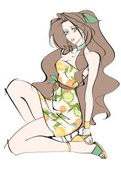 1girl absurdres aerith_gainsborough aerith_gainsborough_(citric_dress) bare_shoulders bracelet breasts brown_hair choker cleavage dress earrings final_fantasy final_fantasy_vii final_fantasy_vii_ever_crisis food-themed_earrings food_print food_themed_earrings fruit_print full_body green_choker green_eyes green_ribbon hair_ribbon half_updo high_heel_sandals highres jewelry long_hair looking_at_viewer medium_breasts mianmian741 official_alternate_costume on_one_knee orange-shaped_earrings orange-shaped_ornament orange_print parted_bangs parted_lips print_dress ribbon sandals short_dress sidelocks sketch solo toeless_footwear wavy_hair white_background