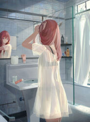 1girl absurdres adjusting_hair bathroom black_bra black_panties bra bra_visible_through_clothes commentary_request cowboy_shot curtains facing_away fish_tank from_behind highres indoors jenmin12 looking_at_mirror mirror mouth_hold nightgown original panties purple_eyes red_hair see-through_clothes see-through_nightgown sink slice_of_life solo standing tile_wall tiles toothbrush toothbrush_in_mouth underwear white_nightgown