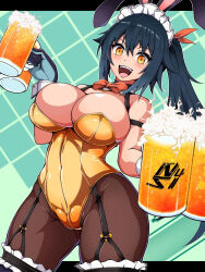 1girl animal_ears argyle_background artist_logo beer_mug blue_gloves blush bow bowtie breasts brown_pantyhose cameltoe cleavage covered_navel cup fake_animal_ears frilled_thigh_strap garter_belt gloves green_hair groin hair_between_eyes holding holding_cup large_breasts leotard logo looking_at_viewer mug nuuuuuusi06 open_mouth orange_eyes orange_leotard original pantyhose playboy_bunny rabbit_ears red_bow red_bowtie side_ponytail smile solo thigh_strap underboob waitress white_headdress white_wrist_cuffs wrist_cuffs