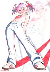1girl :d alternate_costume bare_shoulders bat_wings bob_cut breasts capcom celebelian cleavage_cutout clothing_cutout darkstalkers demon_girl denim flat_chest full_body head_wings highres jeans lilith_(darkstalkers) looking_at_viewer open_mouth pants pointy_ears purple_hair red_eyes shoes short_hair smile sneakers solo strapless sway_back teeth tube_top upper_teeth_only wings zoom_layer
