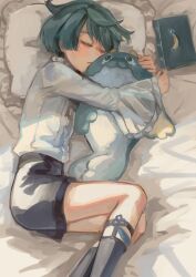 1boy bed bed_sheet bishounen black_shorts blue_hair book closed_eyes closed_mouth genshin_impact highres hugging_object lying male_focus on_bed on_side onigiri_(sumisaza) pillow pillow_hug shirt short_hair shorts sleeping solo stuffed_animal stuffed_toy white_shirt xingqiu_(genshin_impact)