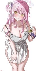1girl absurdres apron black_bra black_panties blue_archive blush bra breasts cleavage collarbone commentary fingernails floral_print flower frilled_ribbon frills hair_flower hair_ornament hair_ribbon halo highres holding holding_spoon large_breasts long_hair looking_at_viewer messy_hair mika_(blue_archive) nail_polish panties pink_hair pink_halo pink_nails print_bra print_panties purple_flower purple_scrunchie raised_eyebrows ribbon scrunchie signature simple_background smile solo spoon standing starry_sky_print stew strap_slip teeth thighs underwear vayneeeee white_apron white_background white_ribbon wrist_scrunchie yellow_eyes