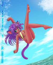 00s 1girl 2004 :d akira_m animal_ears barefoot blue_eyes blush breasts cat_ears cleavage cloud dark-skinned_female dark_skin dated dutch_angle fangs female_focus green_one-piece_swimsuit huge_breasts july jumping legs_up long_hair looking_at_viewer midair ocean one-piece_swimsuit open_mouth purple_hair sky slingshot_swimsuit smile solo swimsuit teeth water watermark web_address