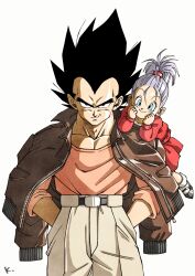 1boy 1girl black_hair blue_eyes bra_(dragon_ball) brown_jacket dragon_ball dragonball_z father_and_daughter hands_in_pockets highres jacket jacket_on_shoulders kakeru_(dbskakeru) open_clothes open_jacket pants pink_shirt ponytail red_skirt red_sweater shirt simple_background skirt spiked_hair sweater toriyama_akira_(style) vegeta white_background white_hair white_pants