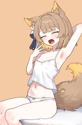 animal_ears arm_up armpits blush bow bow_panties breasts brown_background brown_hair closed_eyes covered_erect_nipples dog_ears dog_girl dog_tail eyelashes fang flat_chest hair_ribbon highres legs_together multicolored_hair navel on_bed open_mouth panties paw_print ribbon simple_background sitting skin_fang small_breasts streaked_hair suzuzhina_chuno tail tank_top underwear user_syct4374 veil_project white_panties white_tank_top yawning