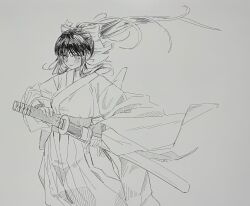 Rule 34 | 1girl, black hair, breasts, fingerless gloves, gloves, hair ribbon, japanese clothes, legs, long hair, long skirt, looking at viewer, medium breasts, monochrome, ponytail, ribbon, sakura taisen, sega, shinguuji sakura, skirt, smile, solo, sword, thighs, traditional media, weapon