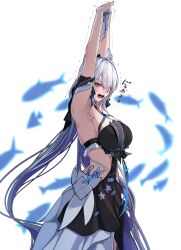 1girl absurdres animal_ear_fluff animal_ears arms_up bikini black_bikini breasts cat_ears cat_girl commentary_request cowboy_shot eyes_visible_through_hair fang halterneck highres honkai_(series) honkai_impact_3rd kamishiro_noa kiana_kaslana kiana_kaslana_(herrscher_of_finality) kiana_kaslana_(selenic_ripples) large_breasts long_hair looking_at_viewer looking_to_the_side official_alternate_costume open_mouth purple_eyes solo stretching swimsuit translation_request trembling white_hair