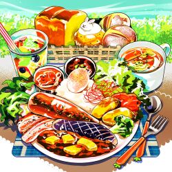 artist_name bread carrot cup day drink drinking_straw egg egg_(food) food food_art food_focus fork lettuce meat no_humans original plate rabbit sausage shrimp shunkashuntou spoon tomato vegetable