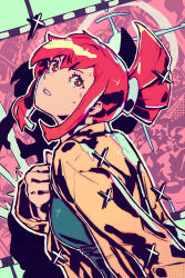 1girl absurdres datcravat film_strip ghost_trick hand_up highres impossible_hair jacket long_sleeves lynne_(ghost_trick) red_eyes red_hair sidelocks sparkle sweatdrop upper_body yellow_jacket